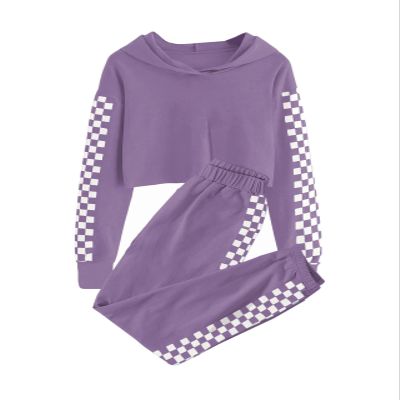 Meikulo Crop Tops for Teen Girls Hoodies Two Piece Outfits Tracksuit Activewear Kids Cute Long Sleeve Sweatshirts Sweatpants Purple, 5-6 Years