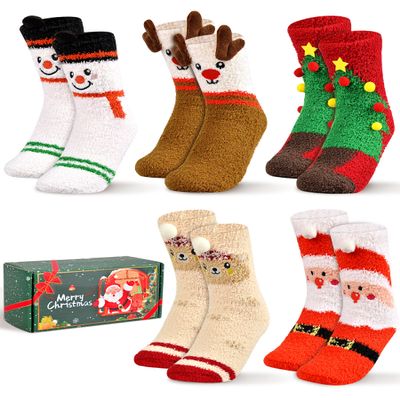 Gofriipai 5 Pairs Fuzzy Christmas Socks for Women Girls with Box, Stocking Stuffers, Cute Fun Soft Thick Cozy Fluffy Winter Warm Slipper Xmas Holiday Socks