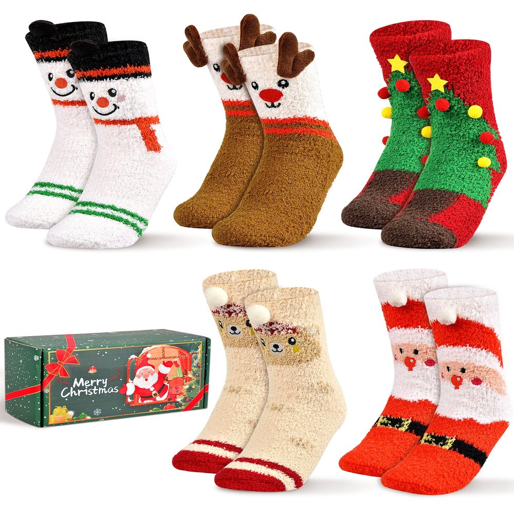 Gofriipai 5 Pairs Fuzzy Christmas Socks for Women Girls with Box, Stocking Stuffers, Cute Fun Soft Thick Cozy Fluffy Winter Warm Slipper Xmas Holiday Socks