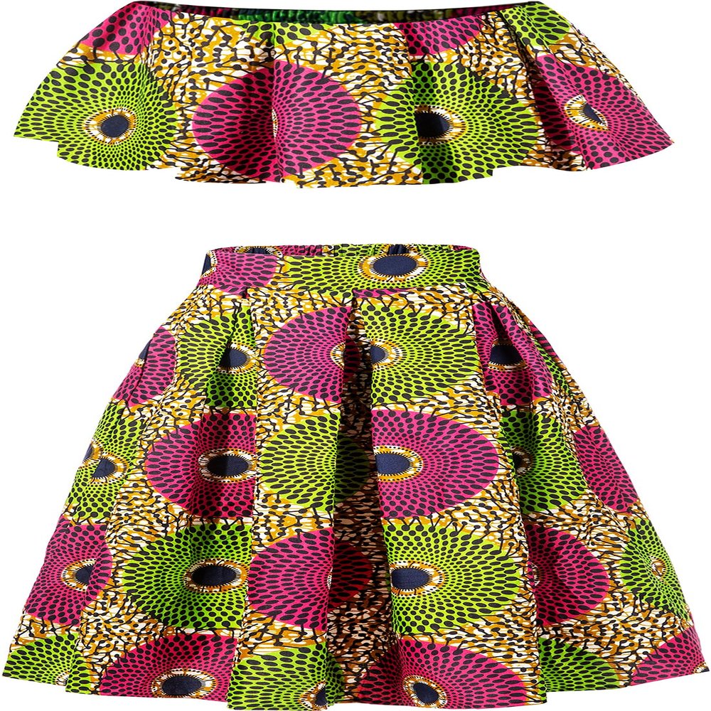 SHENBOLEN Women African Print Skirts Ankara Floral Top Set 2 Piece (Large,C)
