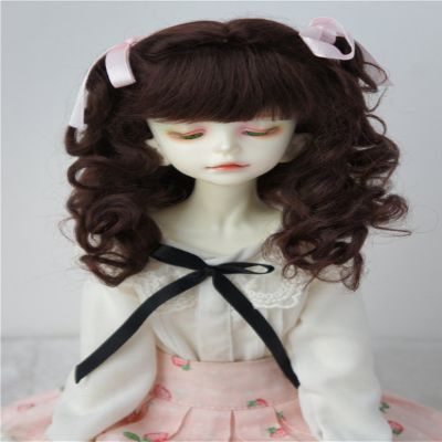 BJD Wig JD187 7-8inch 18-20cm Long Curly Princess Mohair Wig with Mini Twins ponytails 1/4 MSD Doll Accessories (Dark Brown)