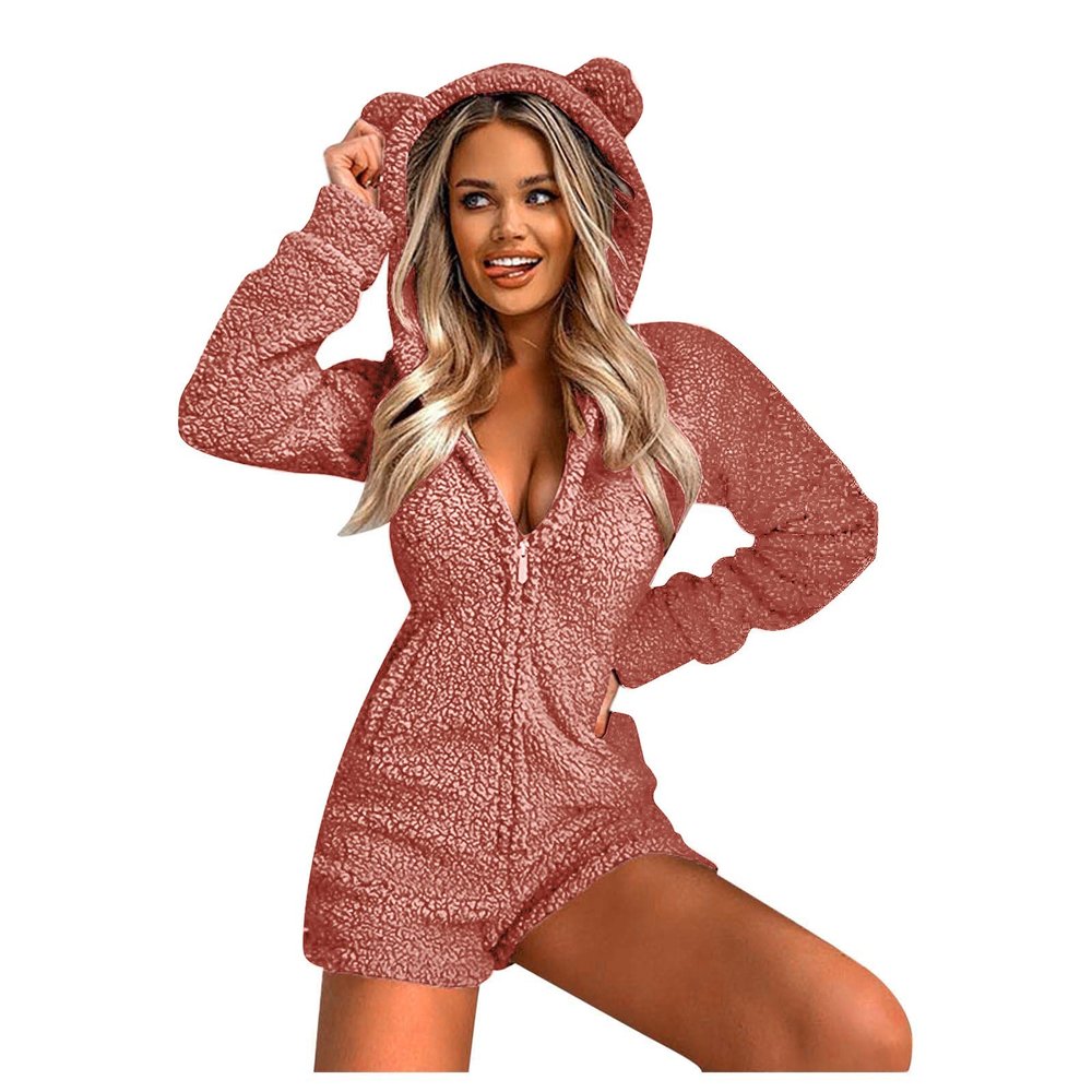 tuduoms Sherpa Lamb One Piece Adult Farm Animal Costume Women's Cute Bear Romper Winiter Fleece Onesie Pajama Hooded Jumpsuit