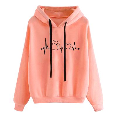 tuduoms Sweatshirts for Women Teen Girls Cute Paws Heartbeat Print Hoodie Graphic Oversized Casual Drop Shoulder Sweater Tops