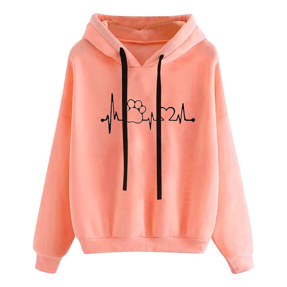 tuduoms Sweatshirts for Women Teen Girls Cute Paws Heartbeat Print Hoodie Graphic Oversized Casual Drop Shoulder Sweater Tops
