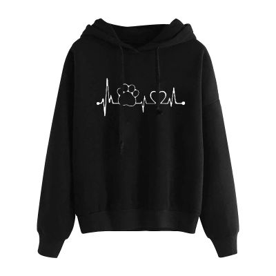 tuduoms Sweatshirts for Women Teen Girls Cute Paws Heartbeat Print Hoodie Graphic Oversized Casual Drop Shoulder Sweater Tops