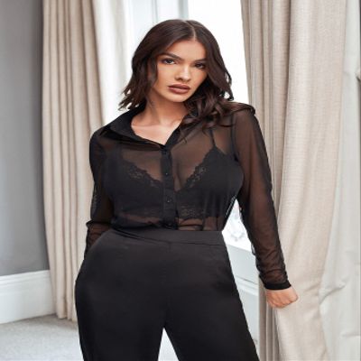 Regular Sleeve Sheer Mesh Shirt Without Bra women's long sleeve shirt