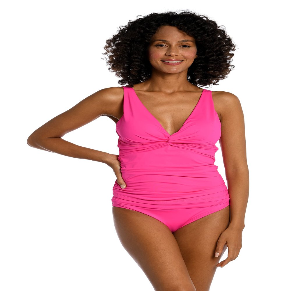 La Blanca Women's Island Goddess Over The Shoulder Twist Front Tankini Swimsuit Top, Pop Pink, 14