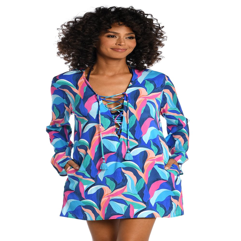 La Blanca Womens Lace Tunic Swimsuit Swimwear Cover Up, Multi//Painted Leaves