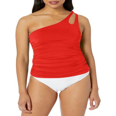 La Blanca Womens Island Goddess One Shoulder Keyhole Tankini Swimsuit Bikini Top, Cherry