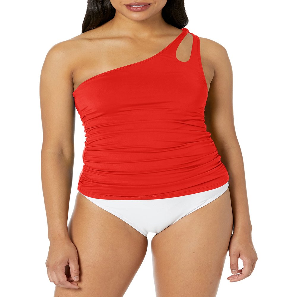 La Blanca Womens Island Goddess One Shoulder Keyhole Tankini Swimsuit Bikini Top, Cherry
