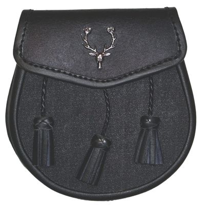 ARAW Scottish Leather Day Sporran Bag with Stag Head badge and 3 Tassels