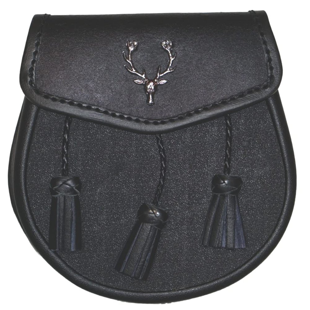 ARAW Scottish Leather Day Sporran Bag with Stag Head badge and 3 Tassels