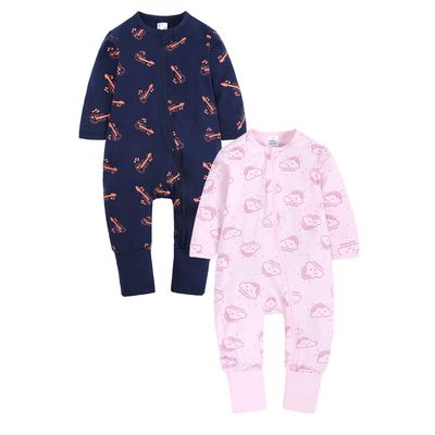 Kids Tales 2 Pack Baby Long Sleeve Zipper Romper Infant Cotton Playsuit Pajamas Toddler Boys Girls Cartoon Graphic Bodysuit
