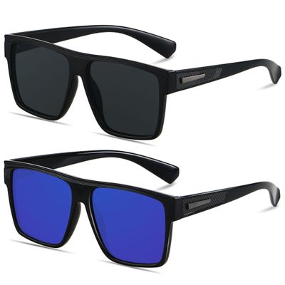 ANDWOOD Square Polarized Sunglasses For Men Women UV Protection Oversized Flat Top Big Shades Fashion Driving Sun glasses 2 Pack Black Mirrored Blue