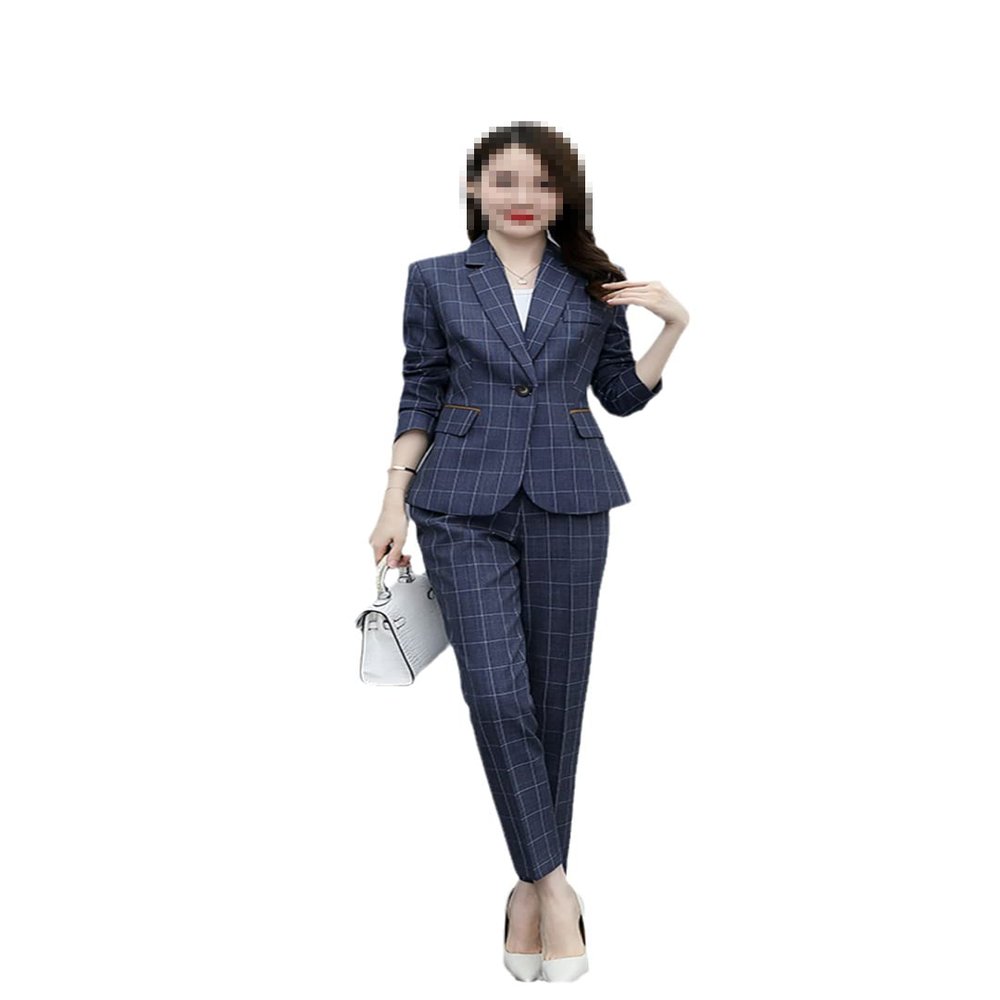 Women's Casual Plaid Two Piece Office Jacket Set Pencil Spring and Autumn Blue L