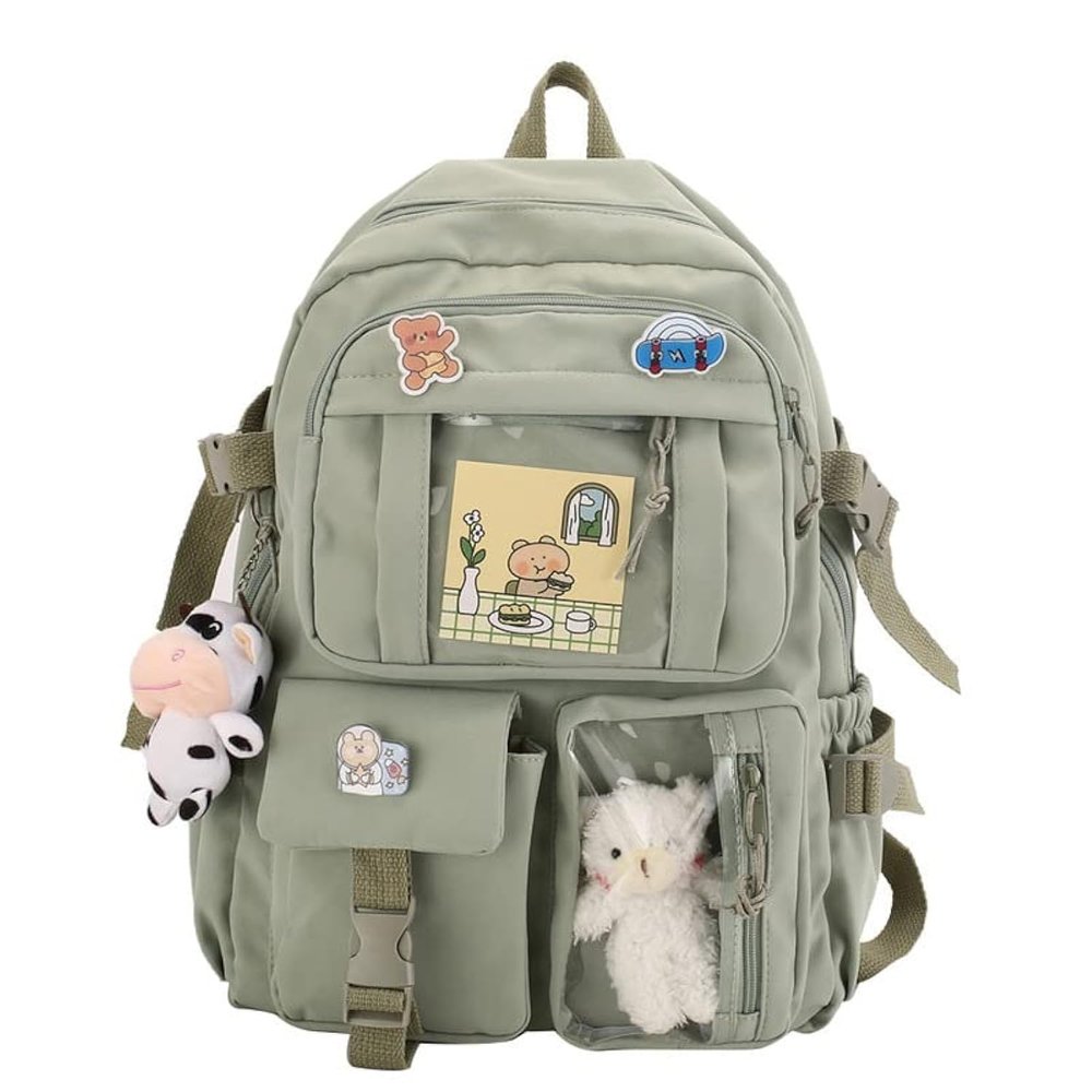 Eagerrich Cute Backpack with Cute Pin Accessories Plush Pendant for School Bag Student Girl Backpack Super-Capacity Waterproof Travel Backpack(Green-2)
