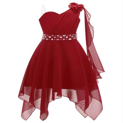 renvena Girls One Shoulder Flower Dress Pleated Chiffon Wedding Bridesmaid Dress Kids Pageant Prom Ball Gown Burgundy A 6 Years