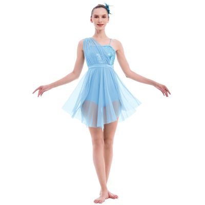 Lyrical Dance Costume for Women Adult Modern Contemporary Dancewear Sequin One Shoudler Flowy Mesh Tulle Leotard Dress with Flower Hair Clip Ballet Ballroom Outfit Competition Clothes Blue XL