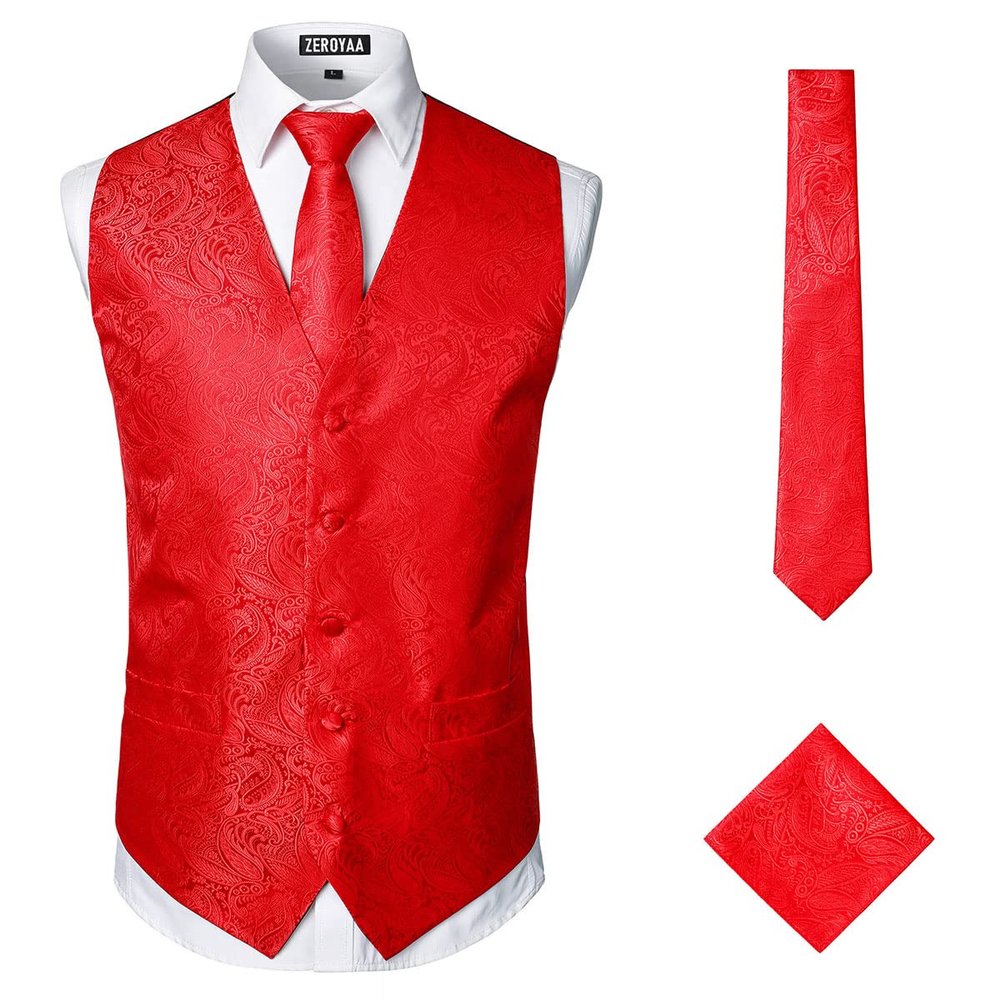 ZEROYAA Mens Classic 3pc Jacquard Paisley Vest Set Necktie Pocket Square Waistcoat for Suit or Tuxedo ZLSV08-Red Medium