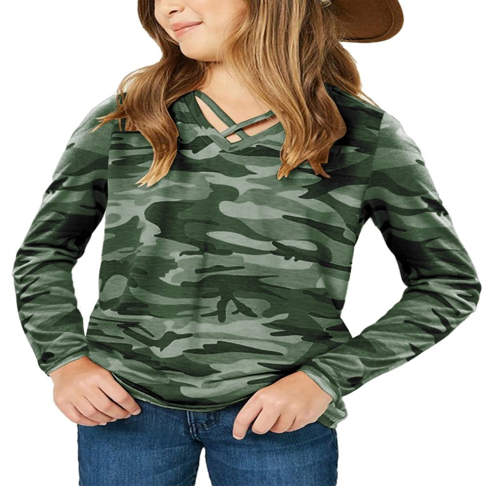 simtuor Girls Camouflage Long Sleeve Shirts V Neck Criss Cross Tops Kids Casual Loose Soft Blouse T-Shirt 4-15 Years
