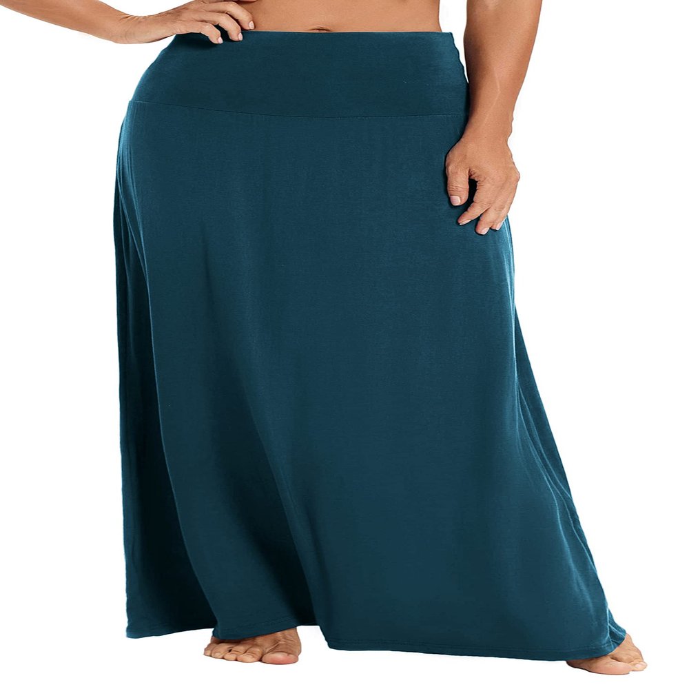 EXCHIC Women's Boho Flod Over Long Maxi Skirt Elastic High Waisted Long Skirts for Women (Steel Blue, Large)