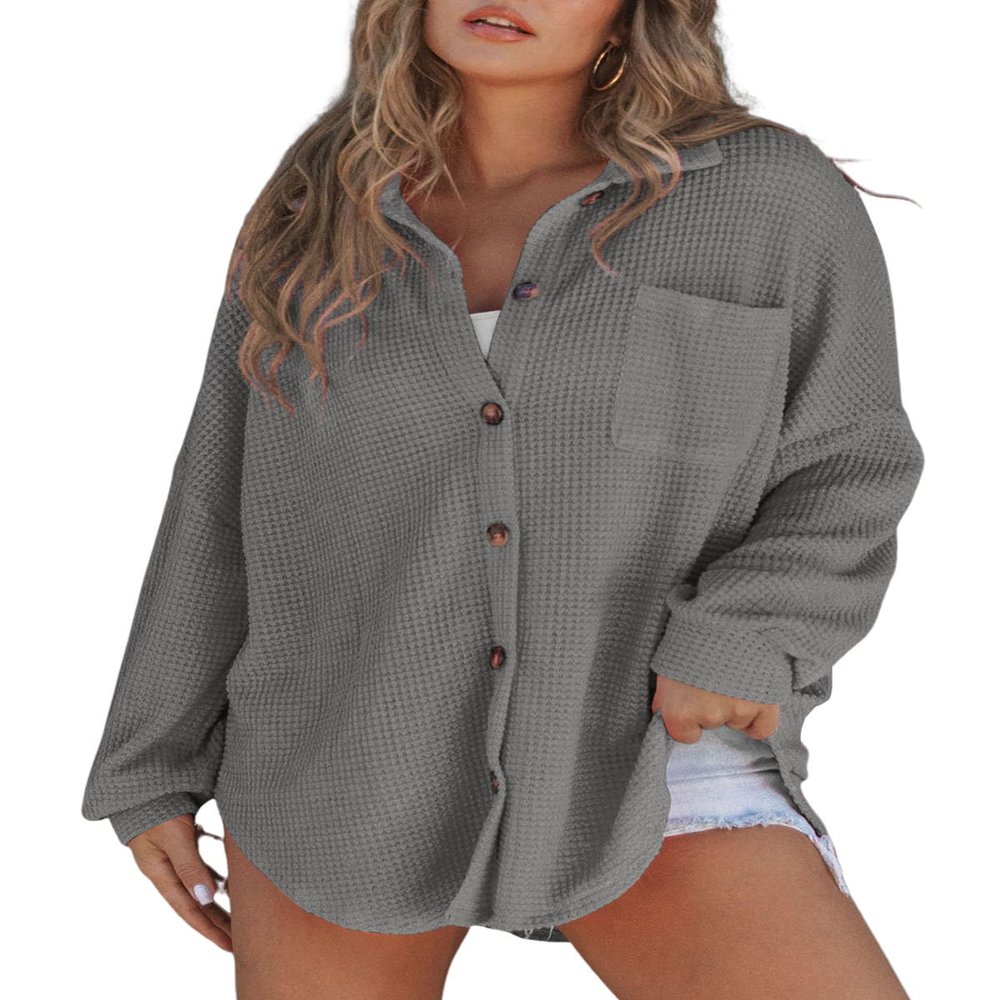 SHEWIN Womens Waffle Knit Shacket Lightweigt Casual V Neck Long Sleeve Button Down Shirts Boyfriend Loose Fit Blouses Summer Ladies Tops Spring Outfits for Women 2025, US 4-6(S), Gray