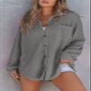 SHEWIN Womens Waffle Knit Shacket Lightweigt Casual V Neck Long Sleeve Button Down Shirts Boyfriend Loose Fit Blouses Summer Ladies Tops Spring Outfits for Women 2025, US 4-6(S), Gray view 3
