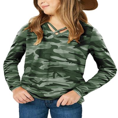 simtuor Girls Camouflage Long Sleeve Shirts V Neck Criss Cross Tops Kids Casual Loose Soft Blouse T-Shirt 4-15 Years