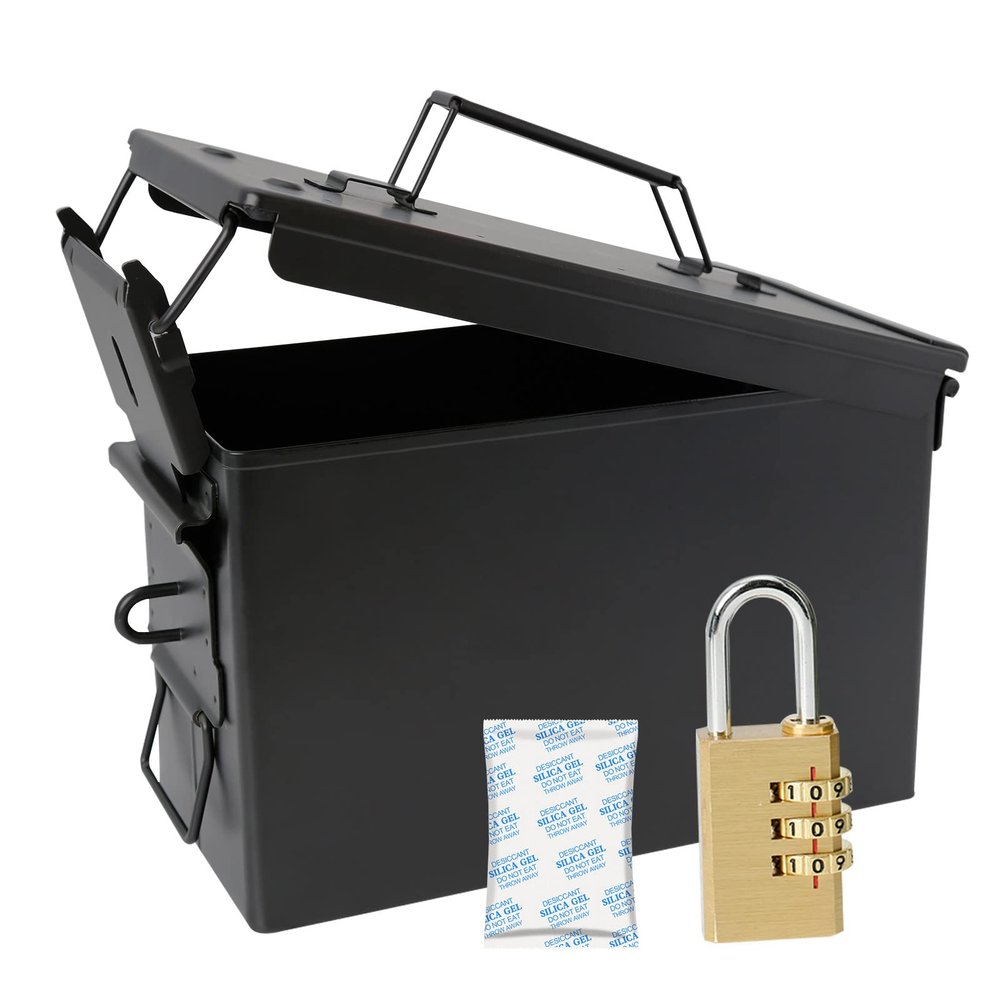 Aolamegs 50 Cal Metal Ammo Can Lock Kit-Lockable Ammunition Boxes With Welded Locking&Padlock Kit 50 Caliber Army Military Storage Containers M2A1 Large Waterproof Air Tight Locking Ammo Box Storage