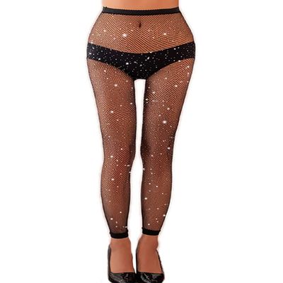 Abberrki Womens Sexy Sparkle Rhinestone Footless Fishnet Leggings High Waist Footless Tights (Black # 1)