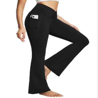 baleaf Women's Flare Leggings with Pockets Crossover Flared High Waist Petite Yoga Pants Tummy Control Bootcut Leggings Black 29" XS