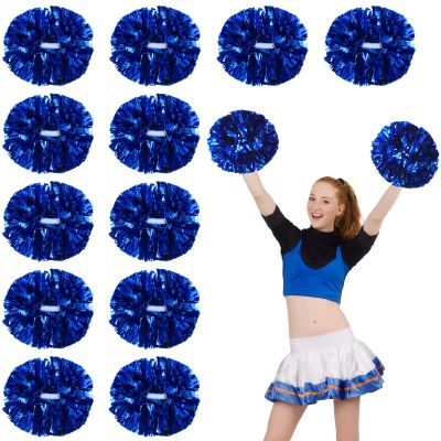 WILLBOND 12pcs Cheerleading Pom Poms Bulk Metallic Foil Cheerleader Pompoms with Baton Handle for Football Basketball Cheering Squad Team Game Sports Dance Party Outfit (Blue)