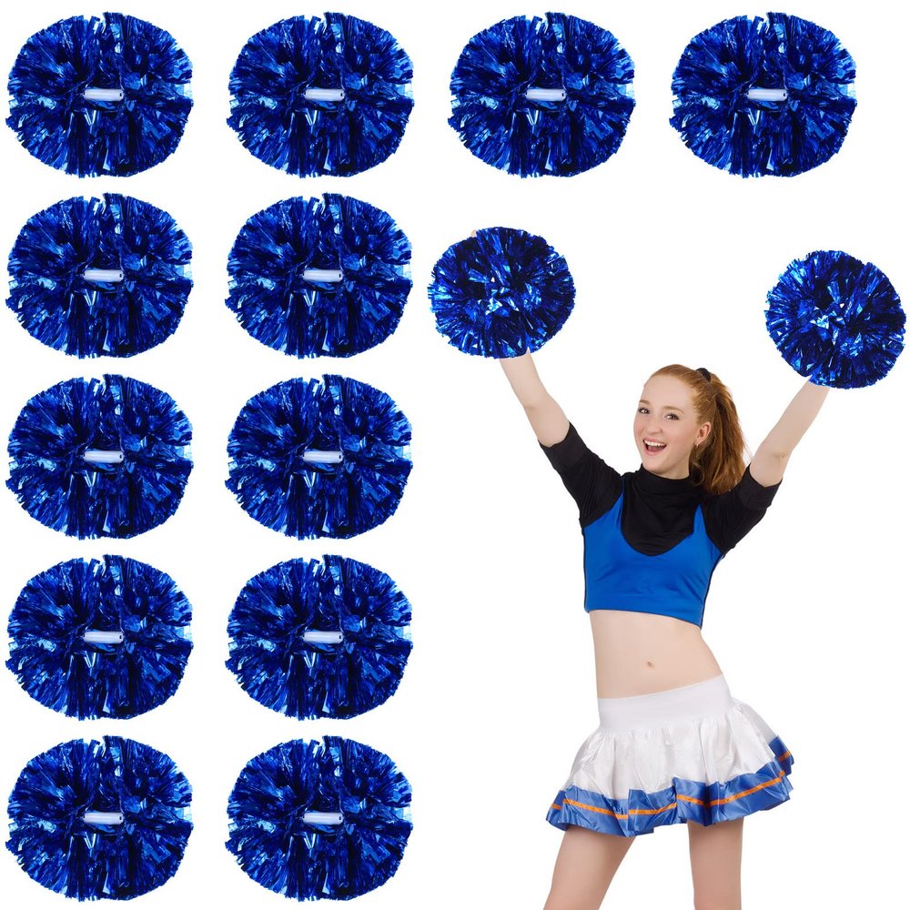 WILLBOND 12pcs Cheerleading Pom Poms Bulk Metallic Foil Cheerleader Pompoms with Baton Handle for Football Basketball Cheering Squad Team Game Sports Dance Party Outfit (Blue)