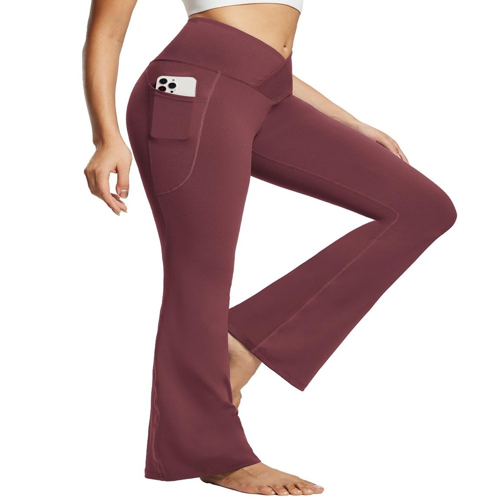 baleaf Women's Flare Leggings with Pockets High Waisted Petite Yoga Pants Casual Workout Bootcut Pants Wine 29" M