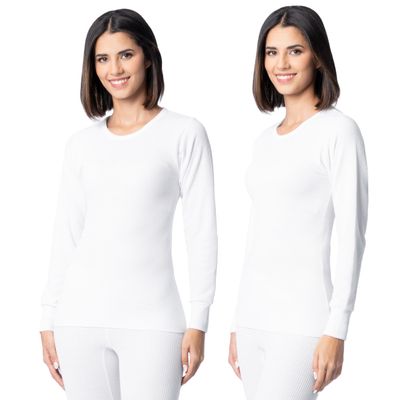 Indera Women's Thermal Long Sleeve Shirt, Cozy Waffle Shirt with Reliable Heat Retention, White, Large, Pack of 2