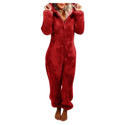 Women Onesie Fleece Jumpsuits Fluffy Sleepwear Plus Size Hood Sets Pajamas for Adult Winter Warm Pajamas Homewear Red