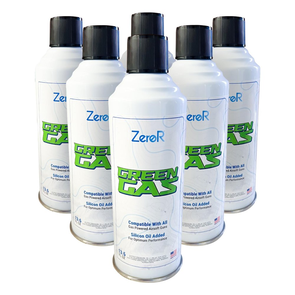 ZeroR Green Gas | Fuel for Airsoft Pistols | 6 Cans - 13.5 fl oz Each (11.8 oz by Total Weight) (6)