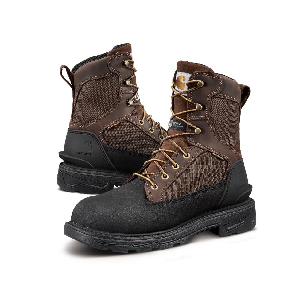 Carhartt Ironwood Waterproof Insulated Safety Toe Work Boots for Men - 8-inch Reinforced Leather and Carstrong Fabric, with Slip-Resistant Outsoles, Brown/Black - 13 M