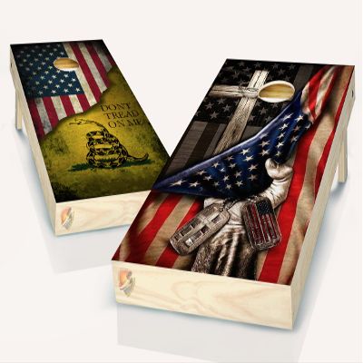 American Flag Cross and Dont Tread On Me Cornhole Board Vinyl Wrap Laminated Sticker Set Decal