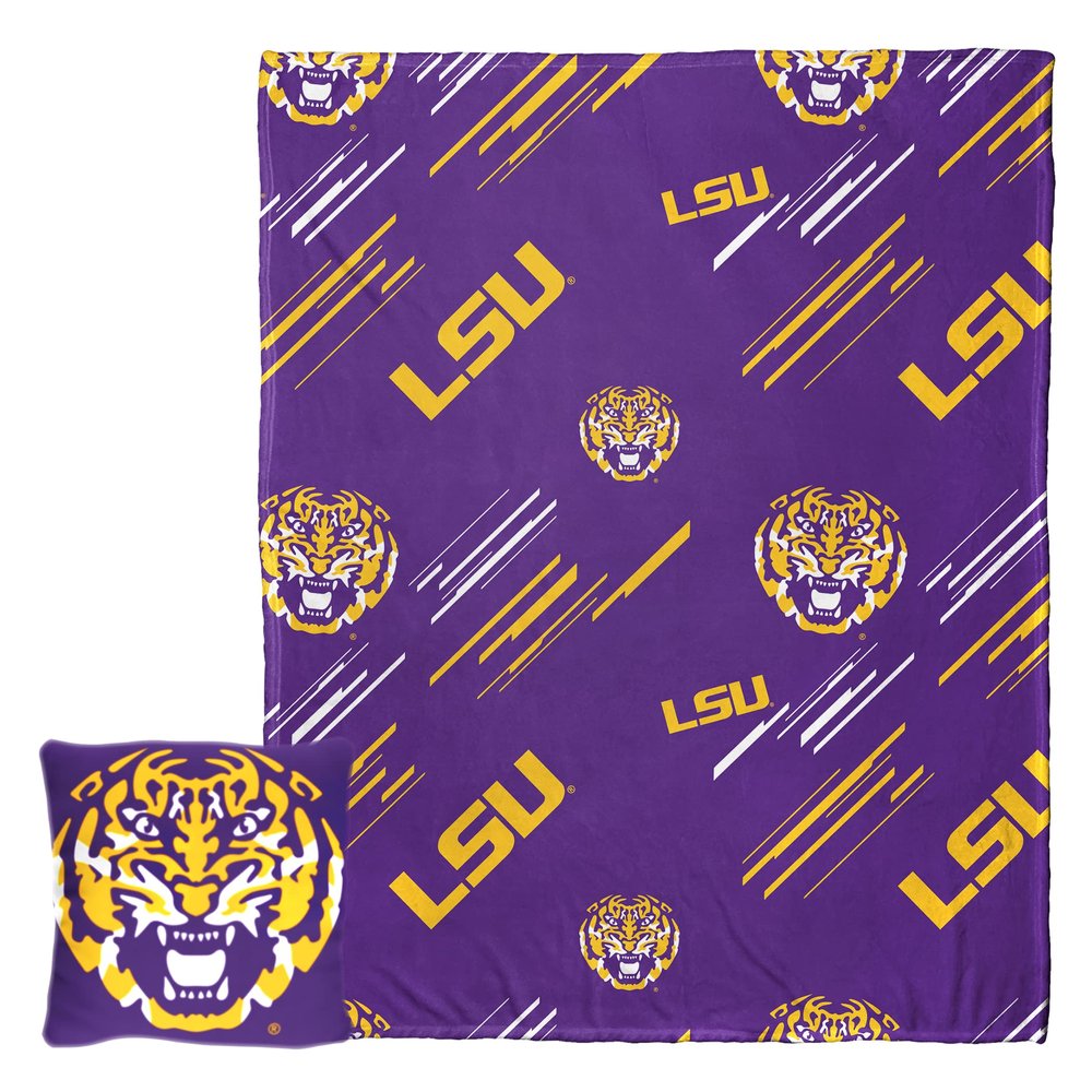 Northwest NCAA Slashed Pillow 14X14 and Throw Blanket 40X50 Set with Back Pocket, LSU Tigers
