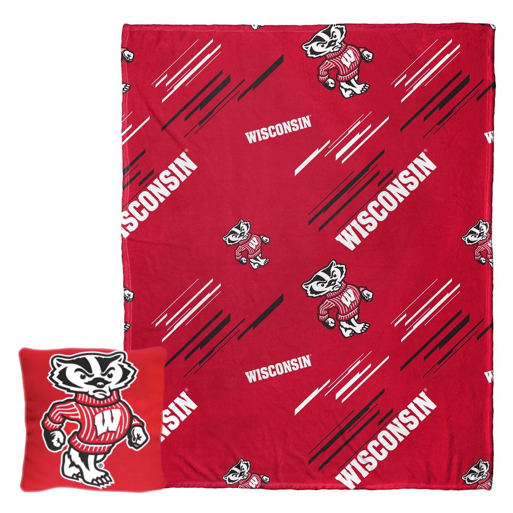 NORTHWEST Art Mall NCAA Slashed Pillow 14X14 and Throw Blanket 40X50 Set with Back Pocket, Wisconsin Badgers