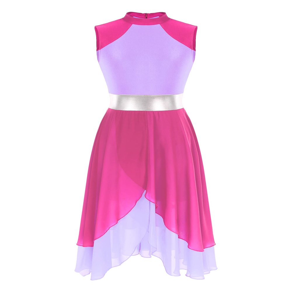 ACSUSS Women Metallic Liturgical Praise Dance Dress Tunic Lyrical Dancewear Color Block Church Worship Costume Hot Pink&Light Purple B Large