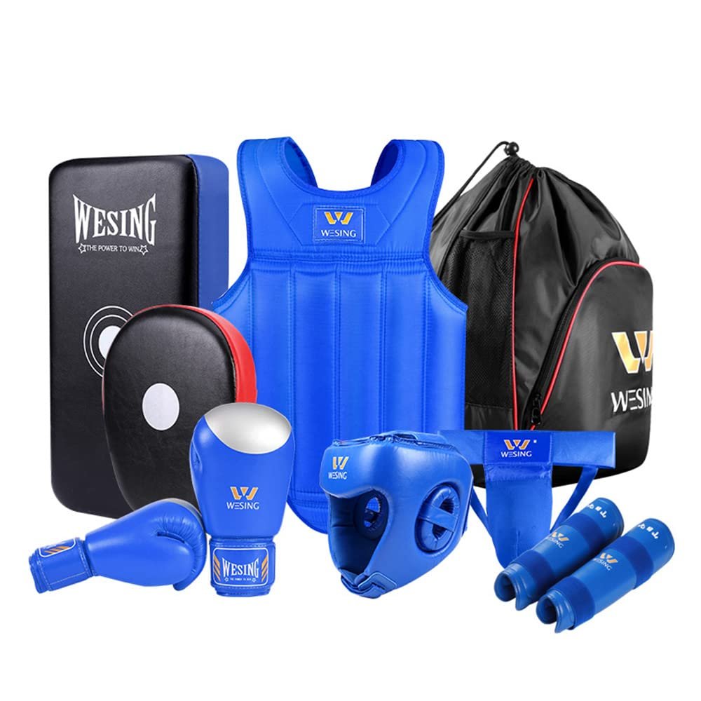 Wesing MMA Boxing Set 8pcs Sanda Chest Protector for Men Women Martial Arts Equipment (L, Blue)