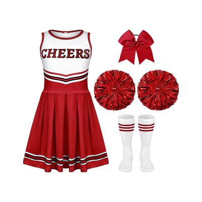 4 Pcs Girls Halloween Cheerleader Costume Outfit Set Fancy Dress for Kids Halloween Birthday Party (6 to 7 Years Old)