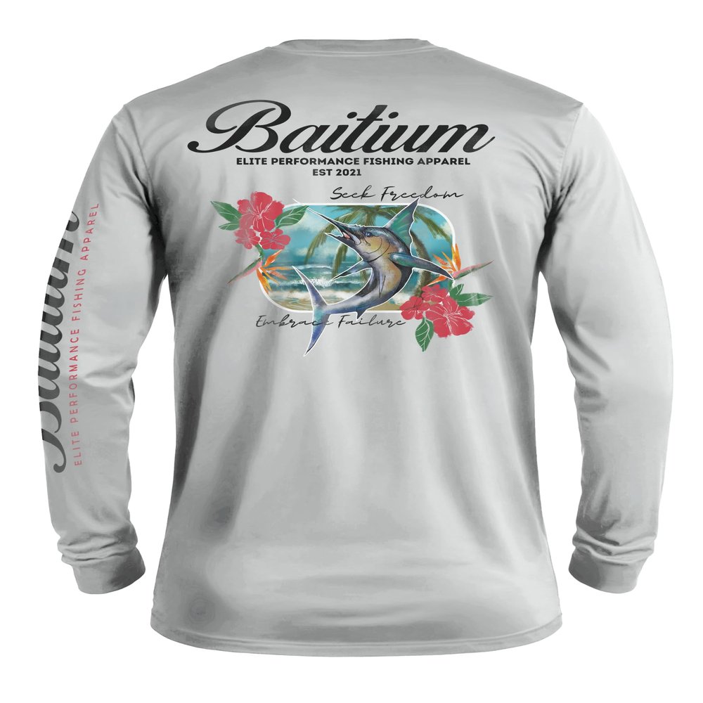 Fishing Shirts for Men,UPF50 Sun Protection Long Sleeve,Quick Dry Dri Fit Apparel, Wicking Rash Gaurd, Fishing Clothes- Marlin (X-Small, Grey)