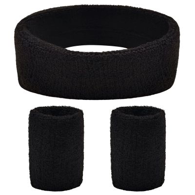 BLMHTWO 3 Pieces of Sweat Band Set, Headbands for Men Kids Sweatbands Including 1 Headband and 2 Wristbands Black Cotton Super Soft and Comfy Sweatband for Tennis Working Out Boxing Gym (Black)