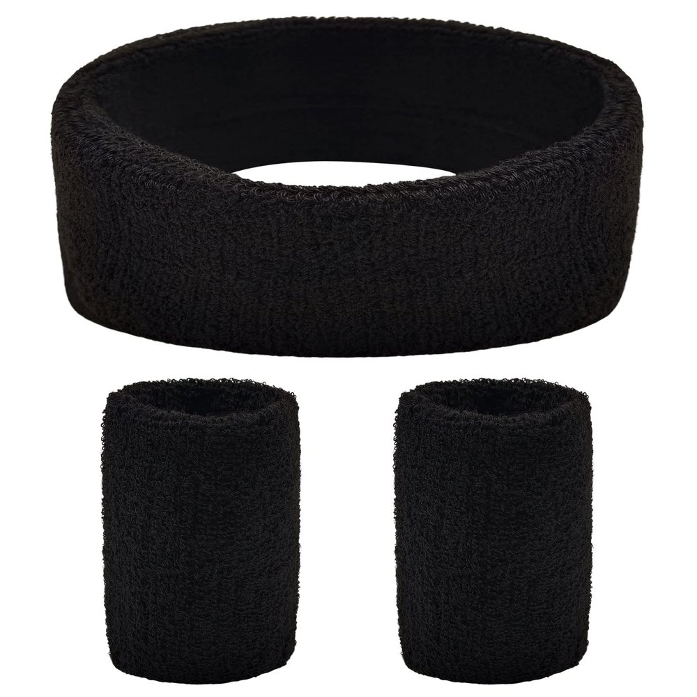 BLMHTWO 3 Pieces of Sweat Band Set, Headbands for Men Kids Sweatbands Including 1 Headband and 2 Wristbands Black Cotton Super Soft and Comfy Sweatband for Tennis Working Out Boxing Gym (Black)