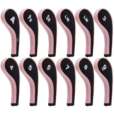 Andux 12pcs/Set Golf Iron Club Head Covers Number Print Long Neck with Zipper Black/Pink