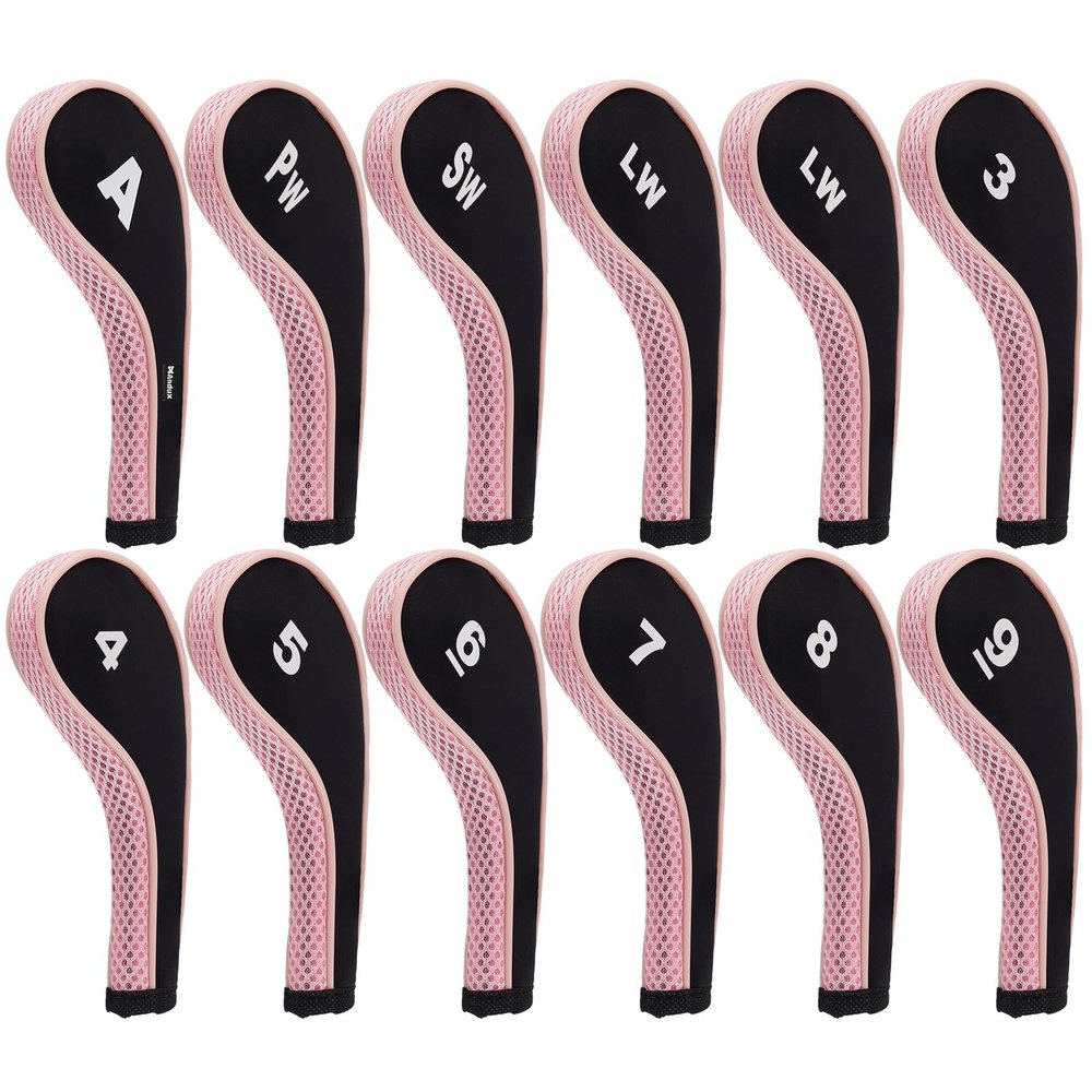 Andux 12pcs/Set Golf Iron Club Head Covers Number Print Long Neck with Zipper Black/Pink