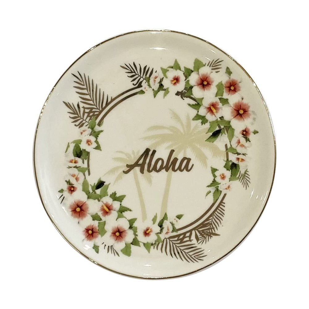 Aloha Designs - Aloha Hawaii Hibiscus Round Jewelry Dish Trinket Dish Ring Dish Ceramic Holder Key Trinket Plate Bowl Home Decorative Cute Decor Jewelry Tray Dish Gift Mom Birthday